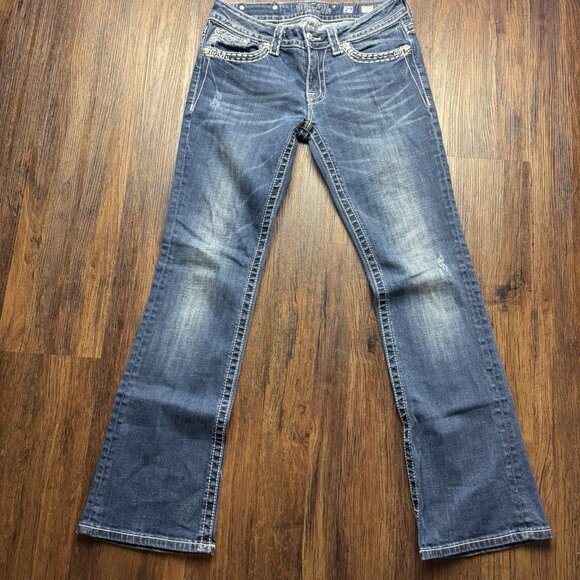 Miss Me Boot Jeans Thick Stitch Distressed Medium Wash Flap Pockets Size 29 - Picture 1 of 12